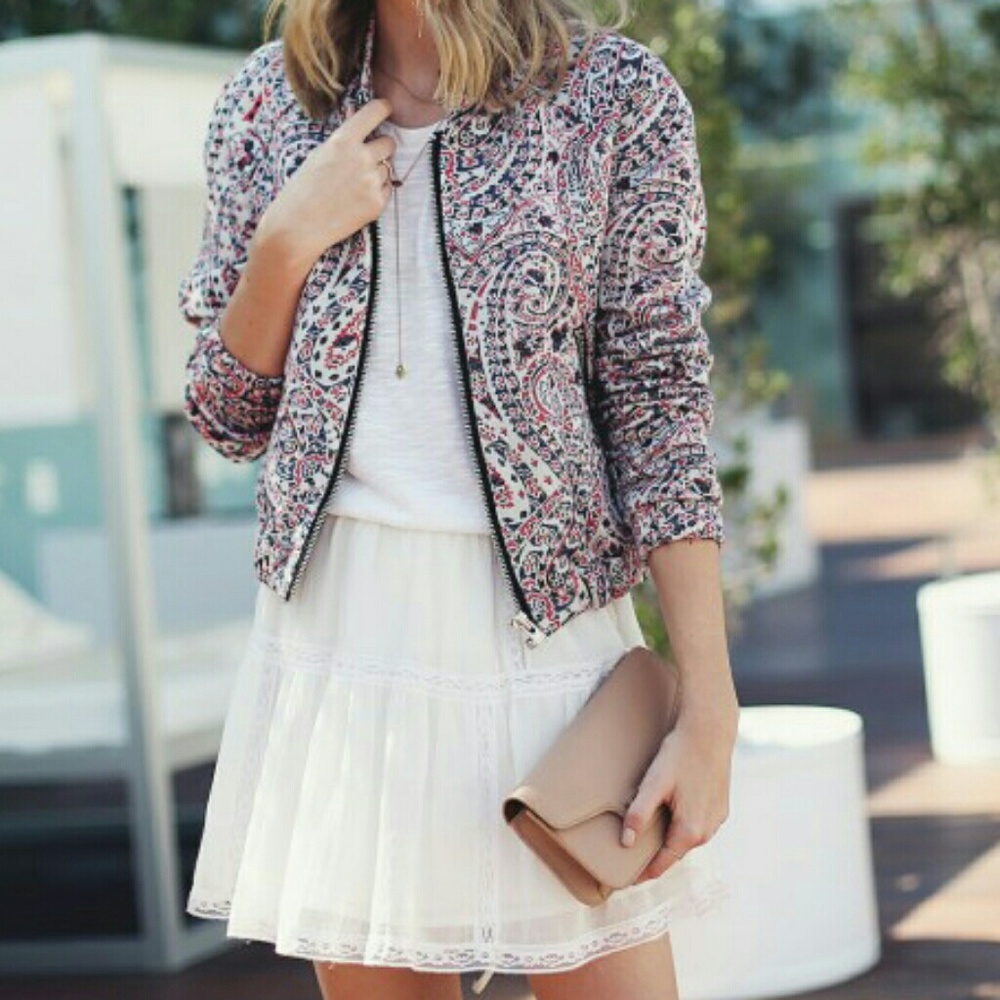 New 🎀 MANGO Baroque pink jacquard bomber moto jacket Zippers